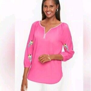 Talbots Womens Voile Balloon Sleeve Popover Top Size XS Pink Parrot Beachy N82